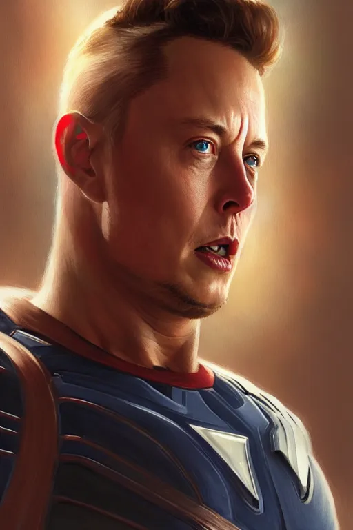 Image similar to elon musk as captain america, portrait, highly detailed, digital painting, artstation, concept art, smooth, sharp focus, illustration, cinematic lighting, art by artgerm and greg rutkowski and alphonse mucha