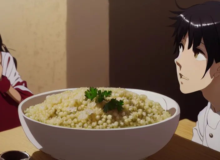 Image similar to a film still portrait of a tunisian couscous, finely detailed features, closeup at the food, perfect art, at a dinner table, gapmoe yandere grimdark, trending on pixiv fanbox, painted by greg rutkowski makoto shinkai takashi takeuchi studio ghibli, akihiko yoshida