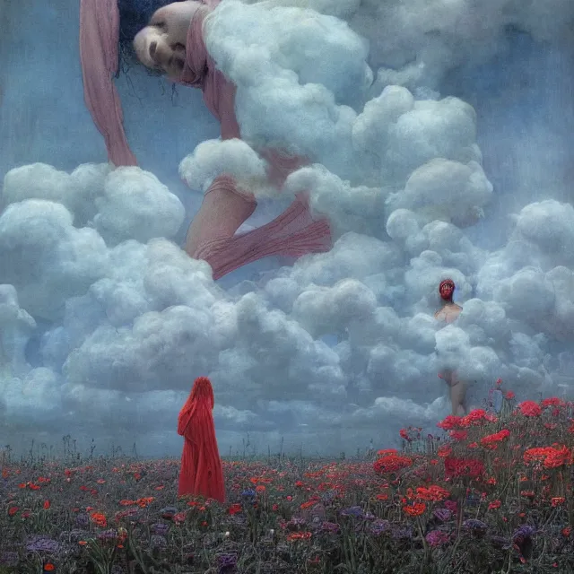 Image similar to A woman wearing clothes made out of thunder clouds and flowers, people floating in the sky, apocalypse, red skin, Masterpiece, glowing, wires everywhere, by Edgar Maxence and Ross Tran, Zdzisław Beksiński, and Michael Whelan, distant, gustav dore, H.R. Giger, 8k, octane render