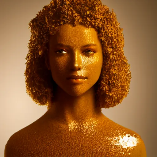 Prompt: a beautiful woman made out of honey, full body portrait, light shining through, highly detailed, award winning