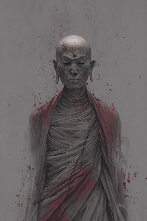 Image similar to Meditating Buddhist Undead Monk, dark fantasy, intricate, highly detailed, smooth, artstation, painted by Wayne Barlowe, Greg Rutkowski, zdislav beksinski, Francis Bacon