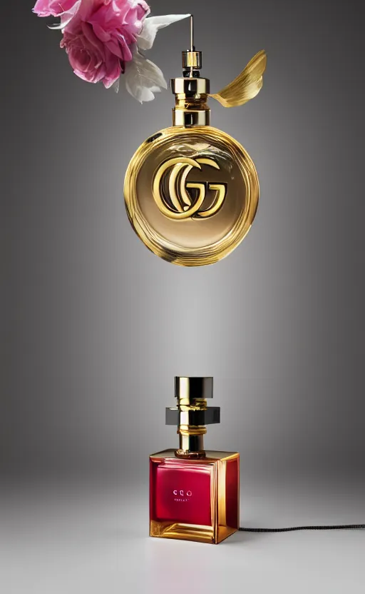 Prompt: a table lamp designed by gucci in the shape of perfume, advertising photography