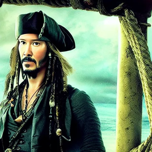 Prompt: a frame of Keanu Reeves in Pirates of the Caribbean
