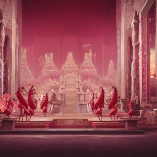 Image similar to a gigantic and minimalistic temple, soft red tone colors, where everyone is an npc, frozen in motion, high detail, artwork, filmgrain, soft tones, soft lighting