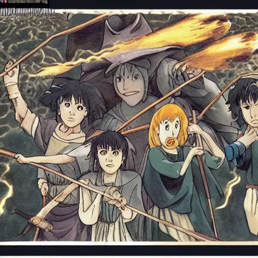 Image similar to a traffic jam of witches with their magic brooms by Studio ghibli, Kentaro Miura, Hiromu Arakawa, Koyoharu Gotouge, Takeshi obata, concept art, golden ratio