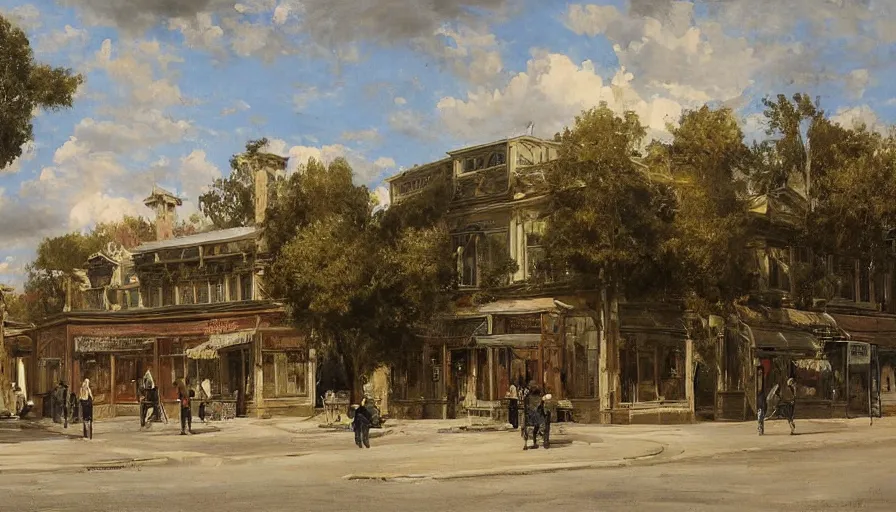 Prompt: straight one point perspective artwork painting of the storefront front of a building by eugene von guerard, ivan shishkin, john singer sargent