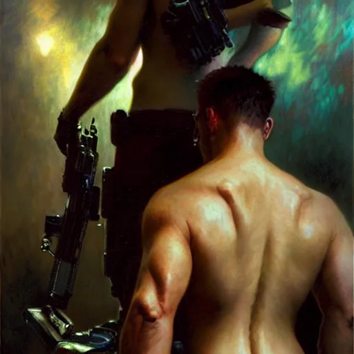 Image similar to back tattoo of albert wesker and chris redfield, by gaston bussiere, craig mullins, greg rutkowski, alphonse mucha