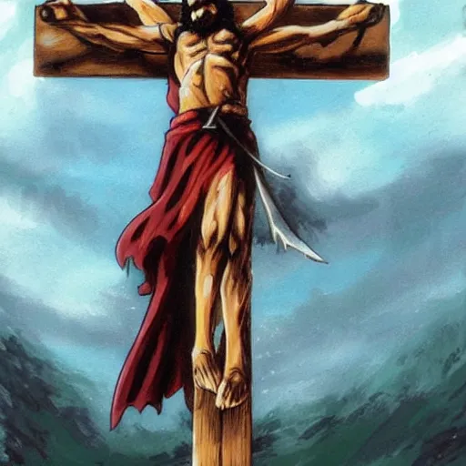 Image similar to Jesus posing with a giant wooden cross as weapon, in the style of Berserk by Kentaro Miura