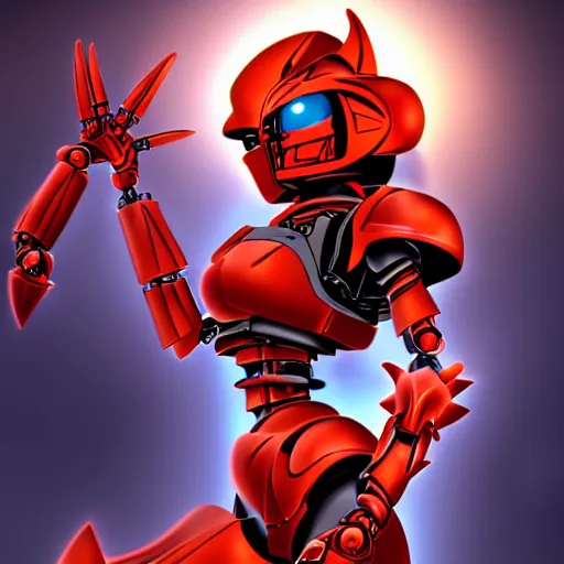 Image similar to highly detailed exquisite fanart, of Makuta Antroz from Bionicle, but as an anime girl with Golden Eyes and Red Hair, red metal armor, close-up shot, bat wings, epic cinematic shot, professional digital art, high end digital art, singular, realistic, captura, DeviantArt, artstation, Furaffinity, 8k HD render