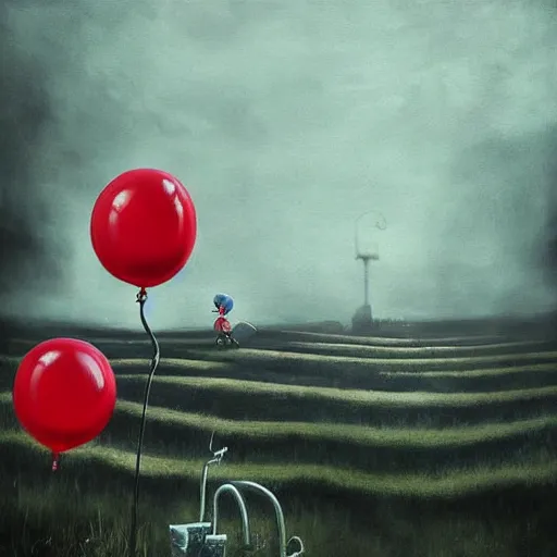 Image similar to grunge cartoon landscape painting of bilie eilish with a wide smile and a red balloon by - michal karcz, loony toons style, pennywise style, horror theme, detailed, elegant, intricate