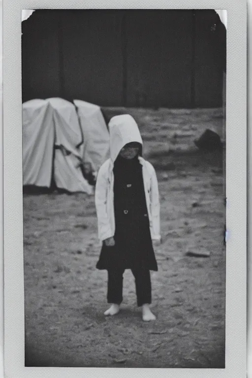 Prompt: photo polaroid of a sad and lonely child in a white coat and barefoot stands in the middle many big tents of field hospitals, pandemic, covid, loneliness, black and white ,photorealistic, 35mm film,