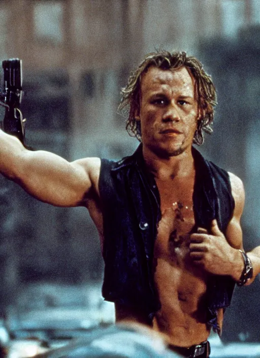 Prompt: film still of Heath Ledger as John McClane in Die Hard, 4k