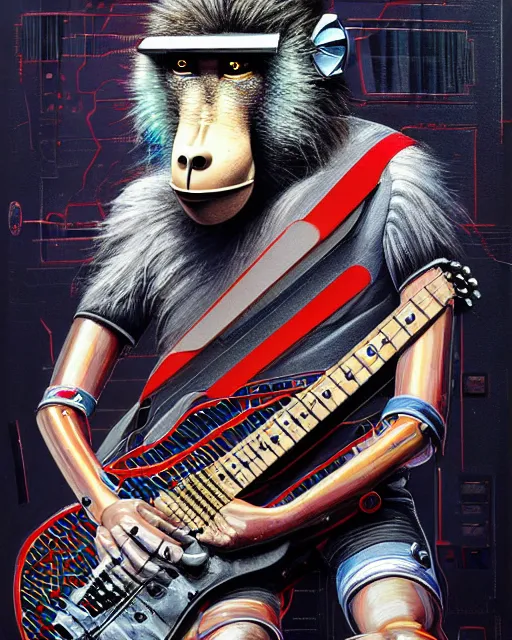 Image similar to a portrait of an anthropomorphic cyberpunk baboon shredding an electric guitar by sandra chevrier, by jon foster, detailed render, tape deck, epic composition, cybernetics, 4 k realistic, cryengine, realistic shaded lighting, sharp focus, masterpiece, by enki bilal