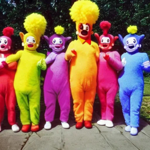 Prompt: teletubbies dressed as clowns