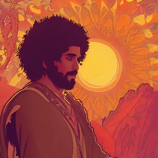 Prompt: an ultra detailed vector image of bob ross dressed as the prince of persia, concept art by alphonse mucha and greg rutkowski, bright red desert sands, bright yellow and red sun, octane render, praise the sun