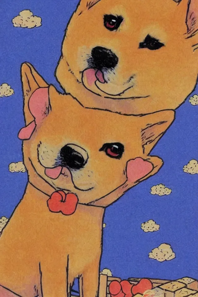 Image similar to a portrait of a shiba inu as a loaf of bread, in the art style of 8 0 s anime, japanese city pop color palette, naoko takeuchi, hajime yatate