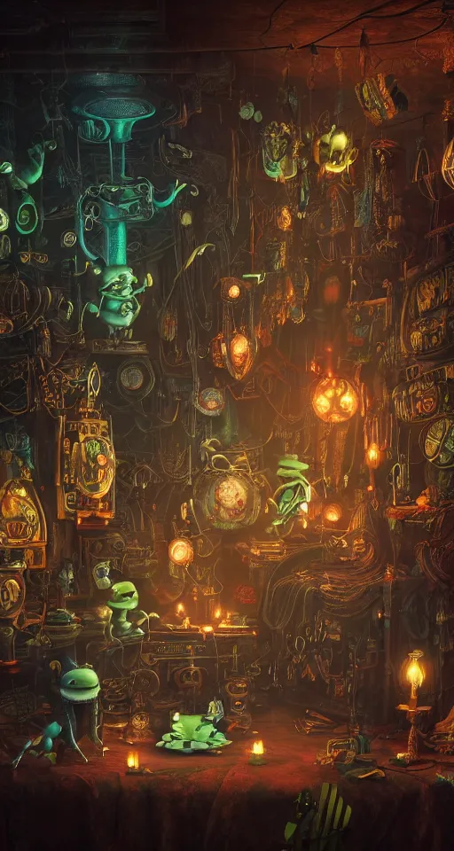 Prompt: tapestries of dreams, ultra detailed, dark, steampunk, moody, candles, neon signs, neon highlights, characters from machinarium, by don bluth, trending on artstation, octane render