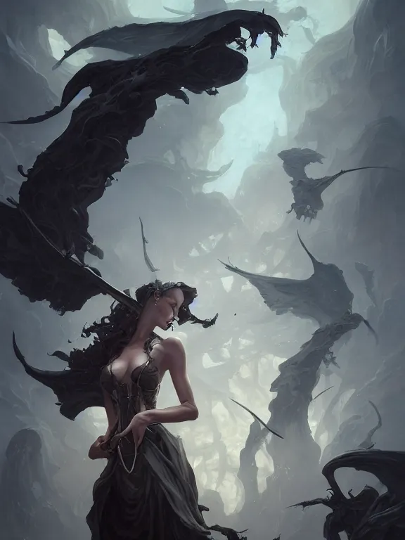 Prompt: Deborah, Lesser Angel of Multitudes clothed in the black ebony robes of The Watchers, muted colors, 4k, cinematic lighting, unreal engine 5, extreme detail, focused, masterpiece, art by Peter Mohrbacher