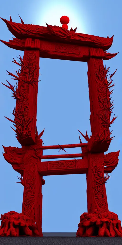 Prompt: 3 d render of a carved red torii gate infected by mushroom, sculpture, chrometype, neotribal with thorns and thunders, raytraced, volumetric lightning, 8 k, by zhelong xu, ouchh and and innate studio