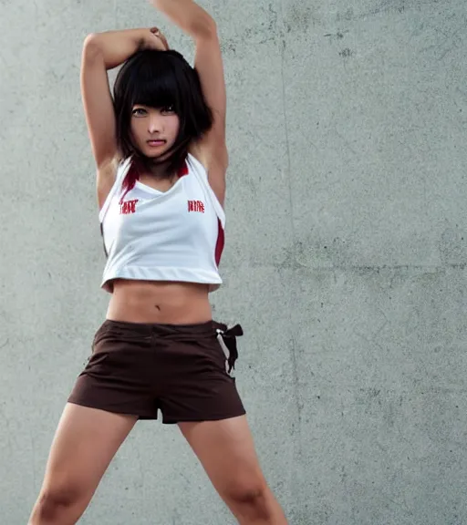 Image similar to an action photoshoot of akane owari, akane owari danganronpa, a toned japanese woman with dark tanned skin and wild wavy brown hair in a bob, hazel eyes, angular features, athletic body, buff, athletic fashion photography, sparring, dynamic pose, young and beautiful, white tank top, magazine cover, japanese facial features, full of energy