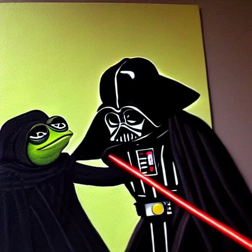 Image similar to a detailed painting of pepe the frog fighting darth vader by caravaggio