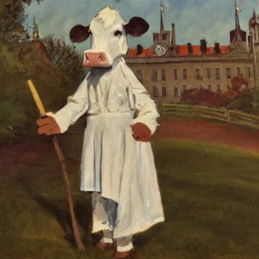 Image similar to painting by zorn, cow, dressed, anthropomorphic!!, wearing!!! clothes!!! jeans!!! standing next to royal castle!!