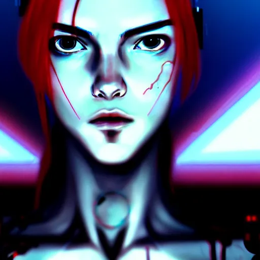 Image similar to cyberpunk movie still from the animatrix in the style of gal gadot by agnes cecile : : small female android cyborg - angel, glowing red left eye and glowing blue right eye : : cinematic lighting, advanced digital cyberpunk art