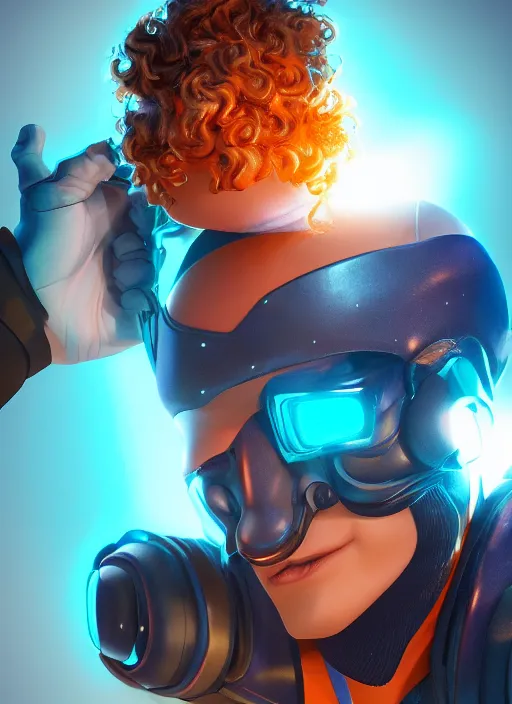 Image similar to glowwave portrait of curly orange hair man as a agent, au naturel, hyper detailed, digital art, trending in artstation, cinematic lighting, studio quality, smooth render, unreal engine 5 rendered, octane rendered, art style by pixar warner bros dreamworks disney riot games and overwatch