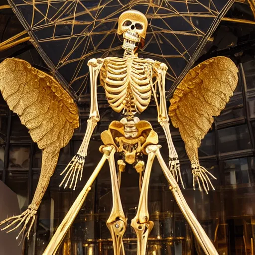 Prompt: an anatomical correct angel male skeleton covered in 2 4 k gold leaf, the skeleton is in the middle of a futuristic museum, photographed by andrew thomas huang