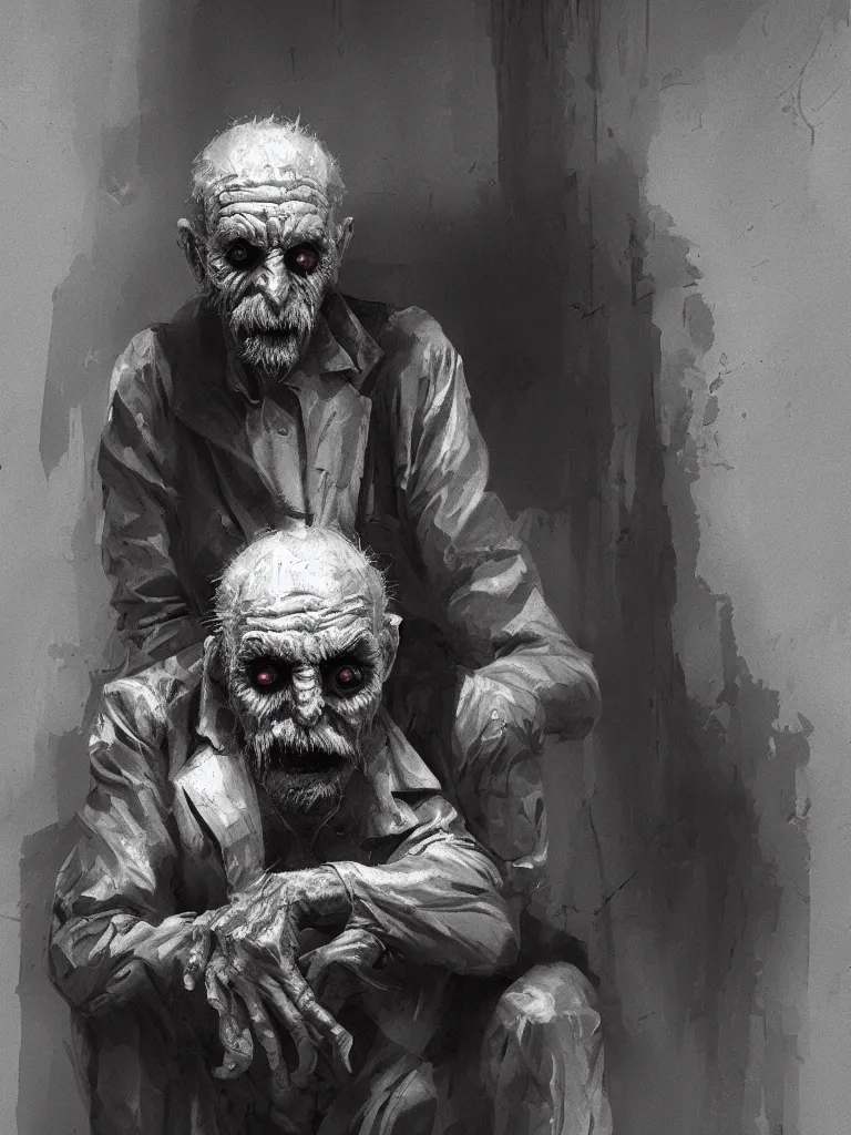 Prompt: creepy mutated old man sitting in a dark factory environment, digital black and white painting by oleg vdovenko, chuvabak, maxim verehin, flash photography, trending on artstation, character painting, digital illustration