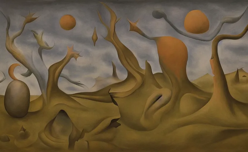 Image similar to otherworldly surreal dream-like landscape by Leonora Carrington, Gertrude Abercrombie, Dorothea Tanning, Helen Lundeberg, Kay Sage, Valentine Hugo, Toyen, Ithell Colquhoun