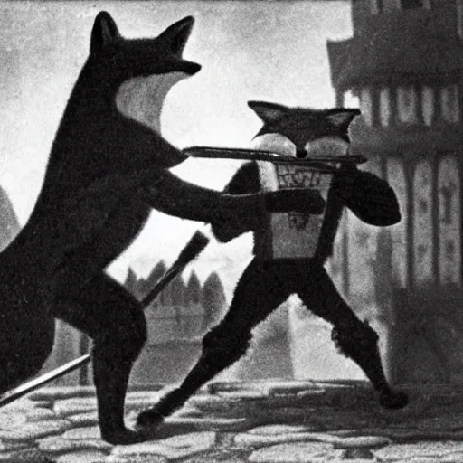 Image similar to anthropomorphic fox man fights in front of a castle, 1910s film scene