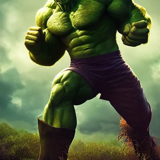 Image similar to full body portrait , photomanipulation of BOB ROSS as hulk with human flesh, marvel, fully detailed, volumetric lightening, octane render, 8k, masterpiece, epic composition, sharp focus