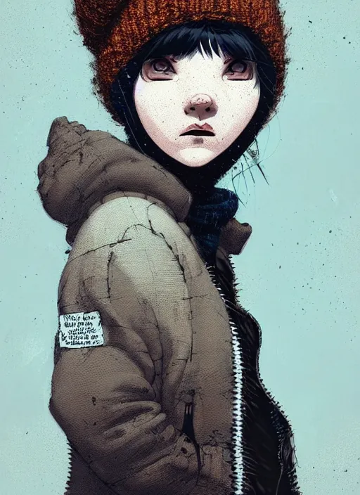 Prompt: highly detailed closeup portrait of a sewer punk lady student, beanie, harris tweed hoodie, frosty white hair by atey ghailan, by greg rutkowski, by greg tocchini, by james gilleard, by joe fenton, by kaethe butcher, gradient, blue, black, brown and cream color scheme, grunge aesthetic!!! white graffiti tag wall background