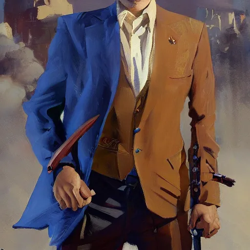 Image similar to greg manchess portrait painting of a blond man in a blue suit with a sword and a pistol, asymmetrical, profile picture, organic painting, sunny day, matte painting, bold shapes, hard edges, street art, trending on artstation, by huang guangjian, gil elvgren, ruan jia, randy vargas, greg rutkowski