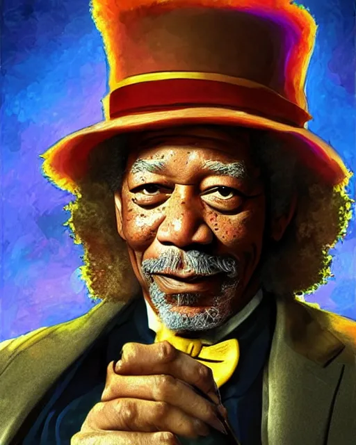 Image similar to Morgan Freeman as Willy Wonka, digital illustration portrait design, detailed, gorgeous lighting, wide angle dynamic portrait