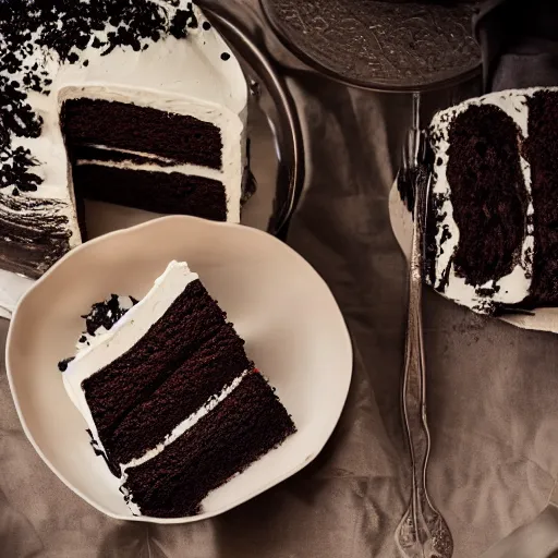 Prompt: a cake that looks so delicious that no one dares to eat it,!!! ominous!!!, pristine, photograph, editorial