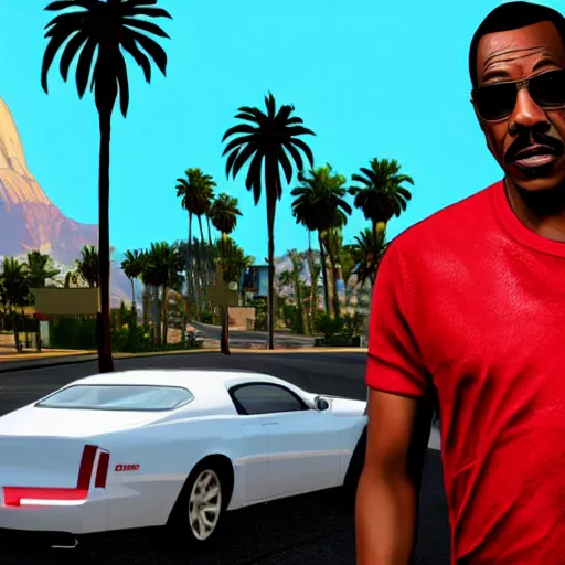 Image similar to Eddie Murphy in GTA V. Los Santos in the background, palm trees. In the art style of Stephen Bliss