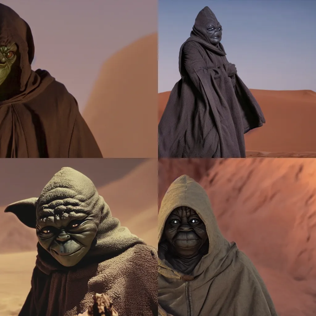 Prompt: still of a black Yoda from Starwars as a hooded dark Sith Lord, in the desert, cinematic lighting, cinematic composition, depth of field