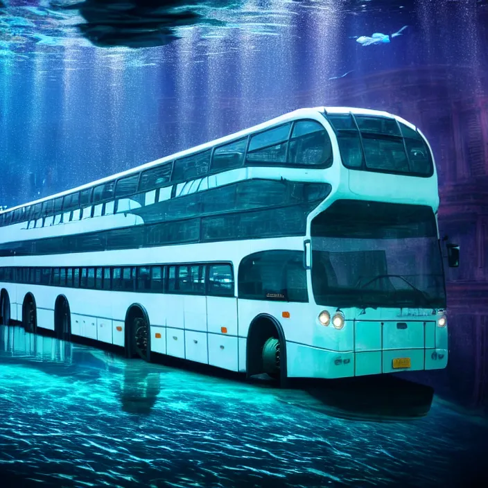 Image similar to hyper realistic, high detail photo of atlantis bus, underwater, lights on buildings, beautiful, dreary lighting