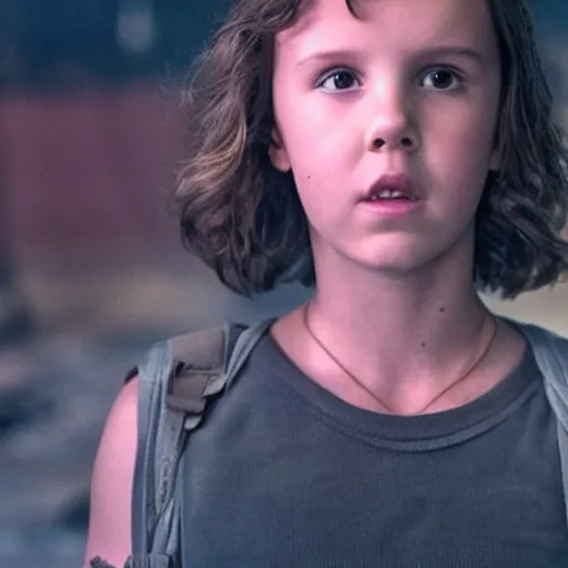 Image similar to Millie Bobby Brown as the Terminator, movie still, dramatic, dark, bloody, doomsday