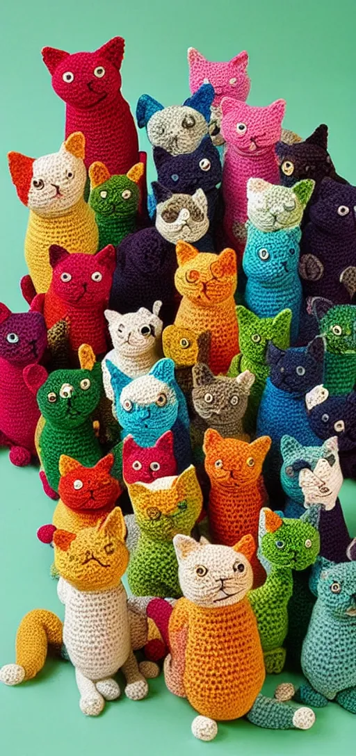 Prompt: multicolored crocheted cats, 2 0 0 0 s catalogue photo,