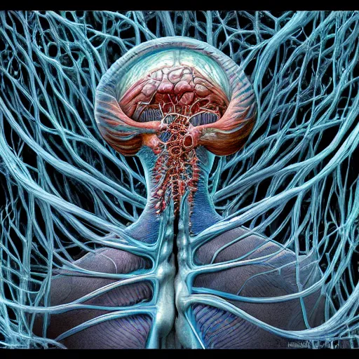 Image similar to nightmare etherreal iridescent vascular nerve bundles pearlescent spinal chord horror by naoto hattori, zdzislaw, norman rockwell, studio ghibli, anatomical cutaway