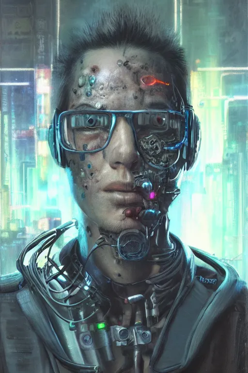 Image similar to illustration of an male cyberpunk character wearing bionic implants, criminal mugshot, gritty, gritty, highly detailed, oil on canvas, soft lighting, pastel colors, by WLOP and Greg Staples, HD, 4K