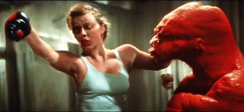 Prompt: a beautiful woman punching a monster in a film still from a roger corman film, hyperrealistic