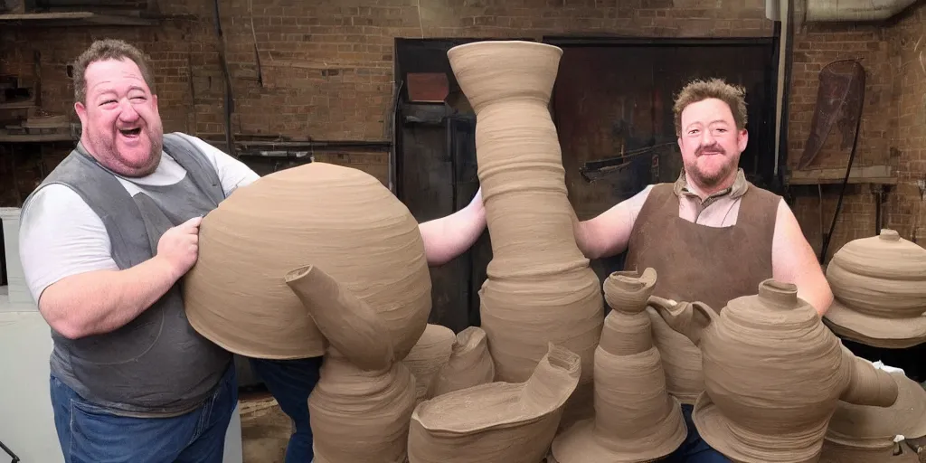 Prompt: johnny vegas making a very large clay teapot, art school, studio, wet clay, photorealistic, stand up comedy