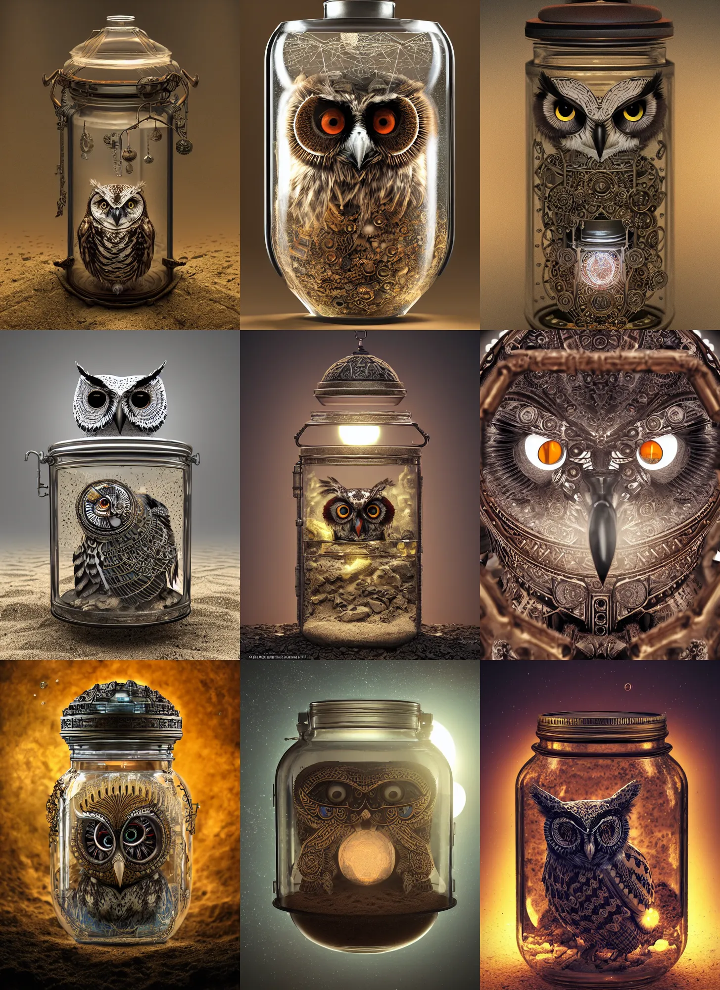 Prompt: aztec owl inside a steampunk glass jar half - buried in sand, fractals, intricate detail, hyper detailed, ultra realistic, sharp focus, octane render, lantern, volumetric, ray tracing, artstation trending, moon, cgsociety, sense of awe, swirling mist, moon, 4 k