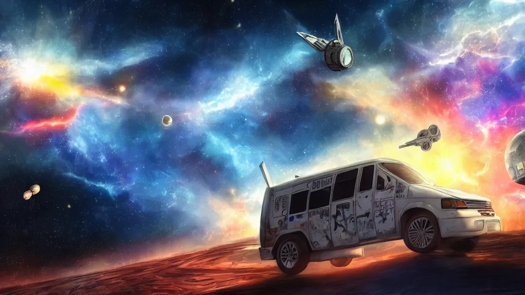 Image similar to a photorealistic concept art painting of a space van flying in front of a nebula, metal with graffiti on the side, star wars, 4 k hd wallpaper, premium prints available, hyper realistic, trending on artstation