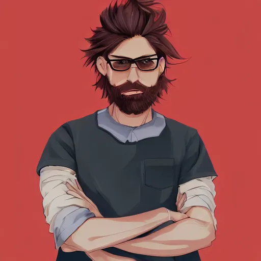 Prompt: Man in his 30s, dark blond hair with a beard, thick dark glasses, wearing red stripe shirt jean and multicolor shoes, digital painting, 4k, anime key visual, artstation, kuvshinov ilya