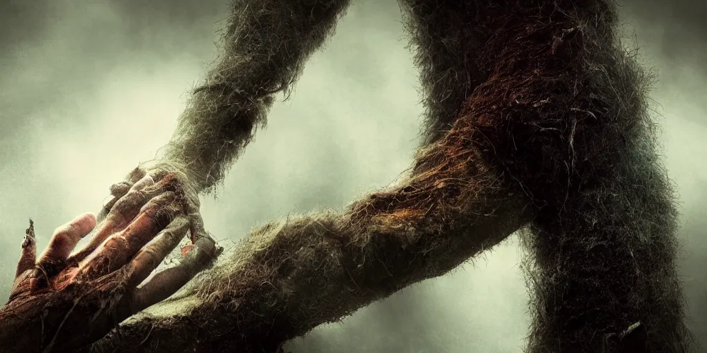 Prompt: a hand of a forest giant, closeup, dirty nails, bridge to terabithia, fantasy, fog, digital art, studio lighting, deep colors